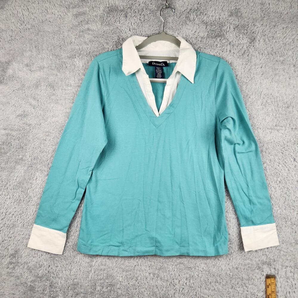 Vintage Denim And Co Blouse Womens Small Blue V Neck Contrast 90s Y2k Preppy